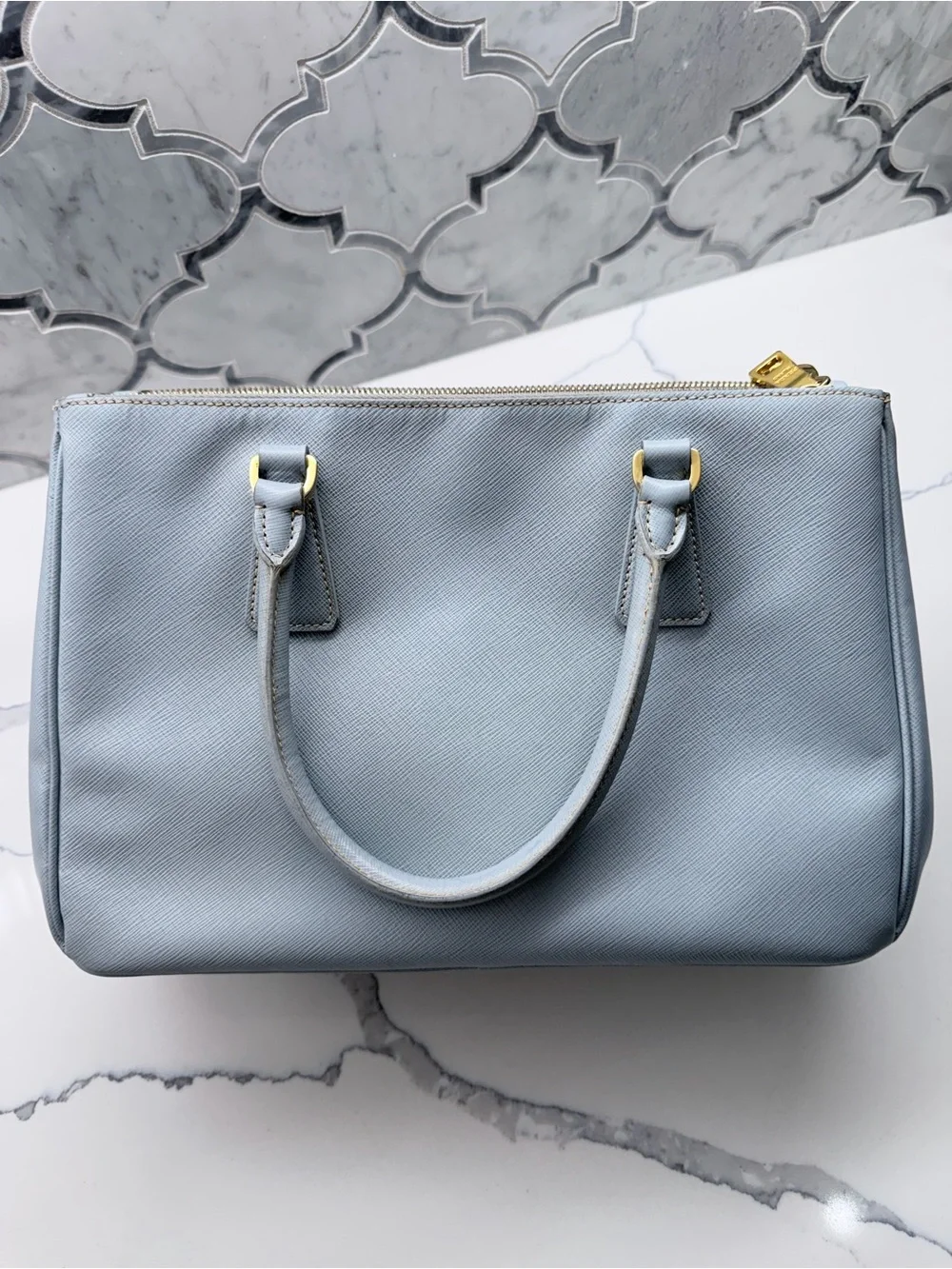 Prada Light Blue Saffiano Leather Tote with Gold Hardware